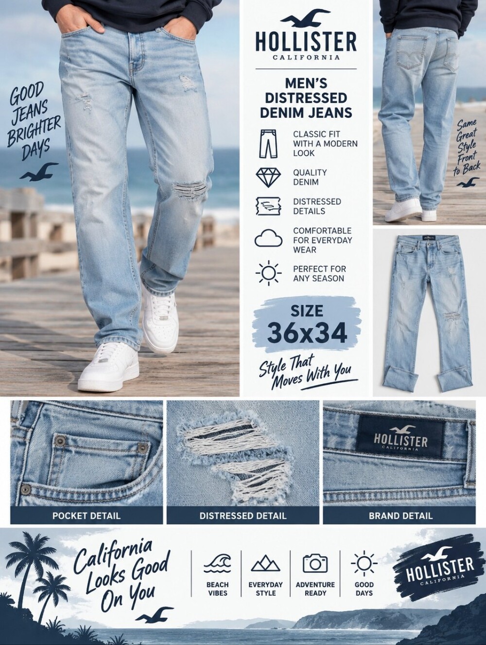 Hollister mens size 36x34 distressed Denim jeans #34